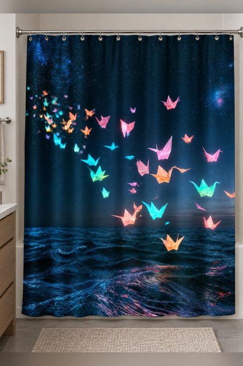 Origami Crane Night Shower Curtain — Ocean Gift