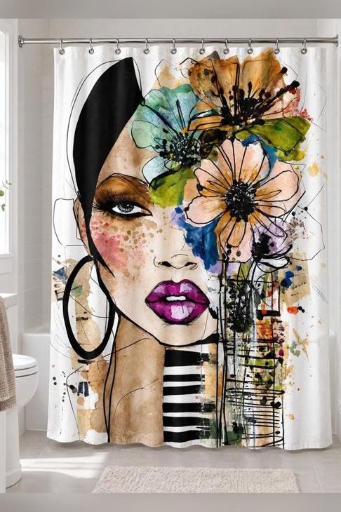 Floral Face Art Shower Curtain — Boho Bath Gift
