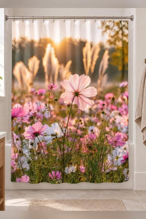 Pink Cosmos Field Shower Curtain — Garden Gift