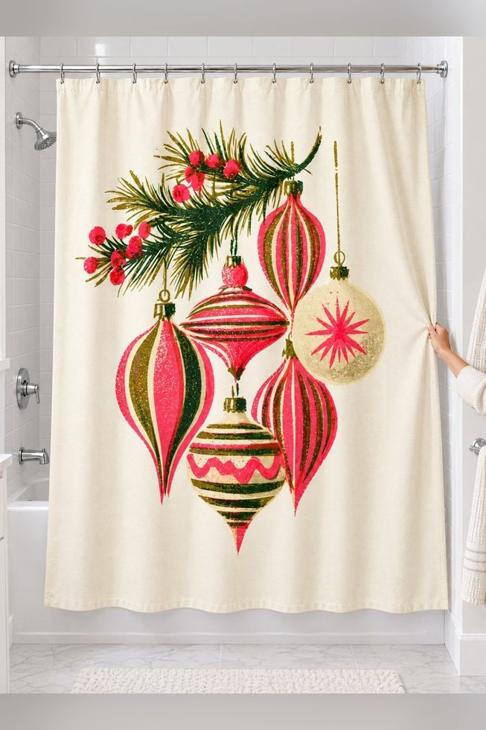 Retro Christmas Ornament Shower Curtain, Christmas Bathroom Decor — Holiday Gift