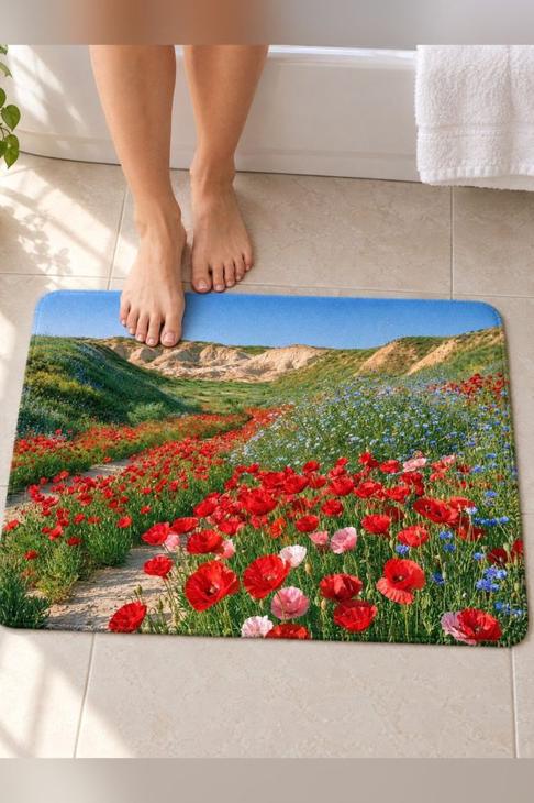 Red Poppy Floral Bath Mat, Gift for Mom — Flower Lover Gift
