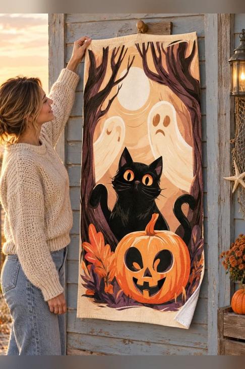 Halloween Black Cat Beach Towel, Halloween Gift