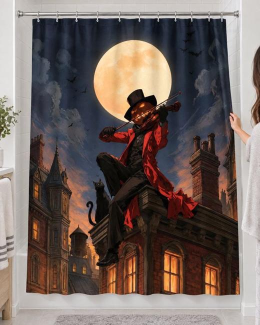 Halloween Pumpkin Violinist Shower Curtain, Gothic Halloween Decor — Gothic Gift