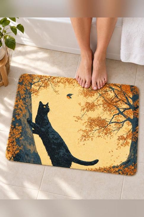 Fall Cat Bath Mat, Cat Lover Gift — Cozy Fall Gift