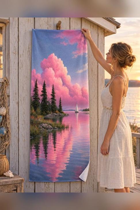 Pink Lake House Beach Towel, Cabin Decor — Lake House Gift
