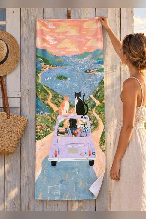 Cat Road Trip Beach Towel, Cat Mom Gift — Cat Lover Gift