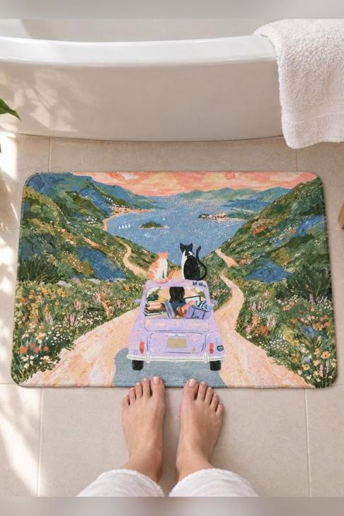 Cat Road Trip Bath Mat, Cat Mom Gift — Cat Lover Gift