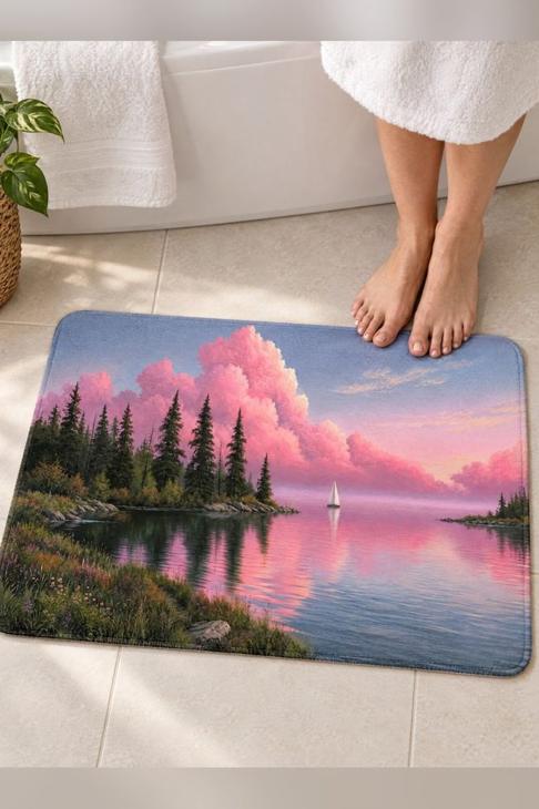 Pink Lake House Bath Mat, Cabin Decor — Lake House Bathroom Gift