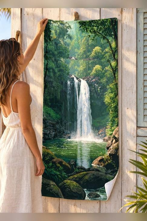 Tropical Waterfall Beach Towel, Tropical Decor — Nature Lover Gift