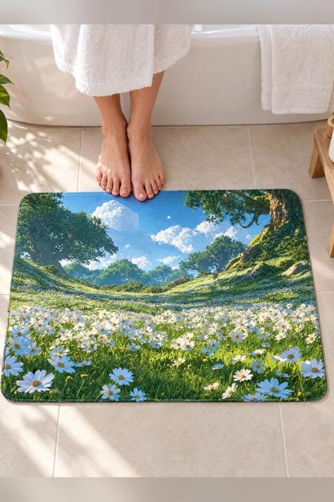Daisy Meadow Bath Mat, Cottagecore Decor — Spring Bathroom Gift