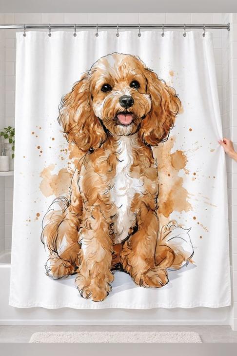 Cavapoo Dog Shower Curtain, Dog Mom Gift — Watercolor Dog Bathroom Decor