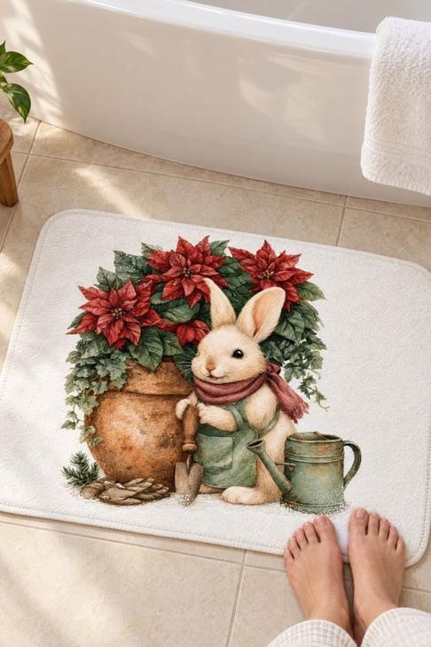 Poinsettia Bunny Watercolor Bath Mat, Christmas Garden Decor — Gardener Gift