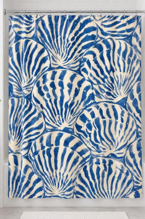 Blue Scallop Shell Shower Curtain, Coastal Bathroom Decor — Beach House Gift