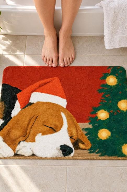 Sleeping Beagle Santa Hat Bath Mat, Christmas Dog Decor — Beagle Mom Gift