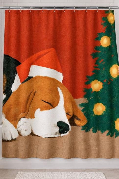 Sleeping Beagle Santa Hat Shower Curtain, Christmas Dog Decor — Beagle Mom Gift