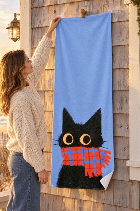 Black Cat Plaid Scarf Beach Towel, Winter Cat Decor — Cat Mom Gift